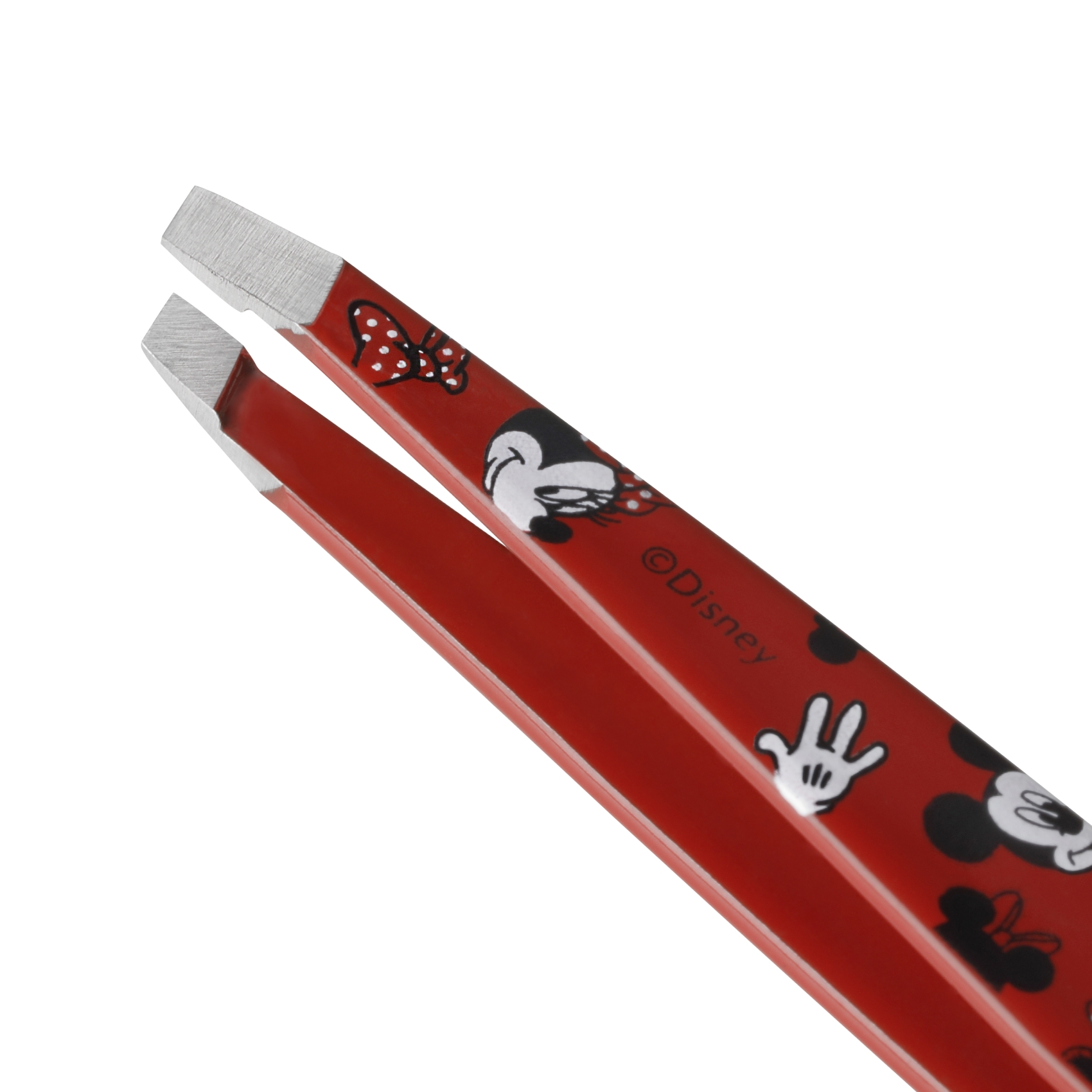 Red Mickey Mouse and Minnie Mouse slant tweezer with red bow and white hands stainless steels